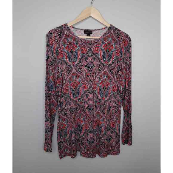 J Jill Peplum Top Womens Small Multicolor Paisley Pleated 3/4 Sleeve Liquid Knit - Picture 1 of 11